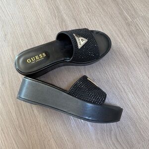 Guess Black Rhinestone Platform Slide Mules